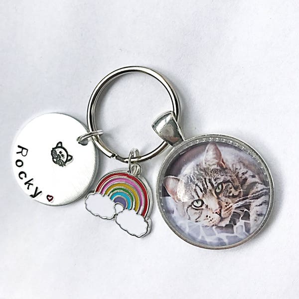 Cat Memorial Keyring Cat Keyring, Cat Keepsake Pet Memorial,In Memory Keyring, Rainbow Bridge Keyring, Hand Stamped Keyring, Photo Keyring