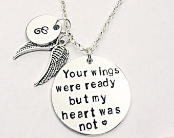 Memorial Necklace: Hand Stamped Aluminum Disc, Angel Wings, Bereavement Gift