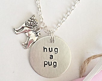 Pug Necklace, Hand Stamped Necklace, Pug Charm, Disc Necklace, Dog Necklace, Pug Gifts, Dog Jewelry For Women, Gift For Pug Lover, Silver