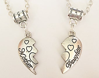 Mother Daughter Necklace Set: Tibetan Silver Heart Pendants
