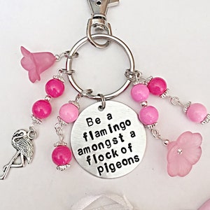 Be a Flamingo In A Flock Of Pigeons, Handbag Charms For Bag, Flamingo Gifts, Pink Bag Charm, Flamingo Charm, Hand Stamped, Beaded Bag Charm image 1