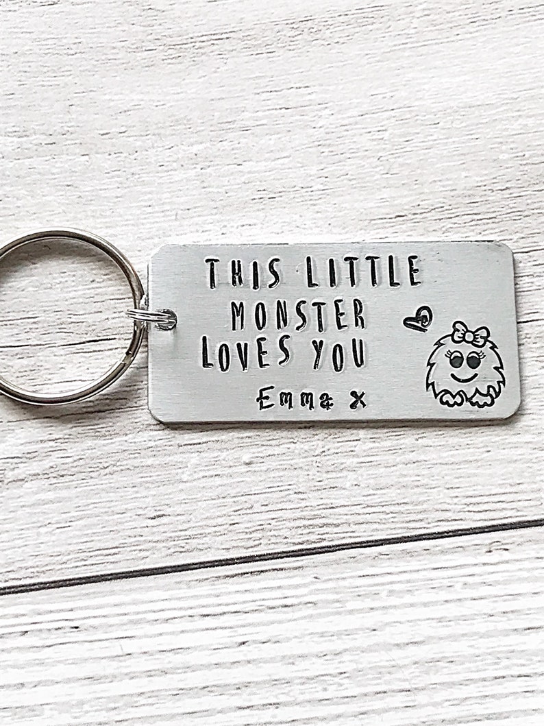 Little Monster Keychain Dad Gift, Hand Stamped Keyring Personalised Keyring, Fathers Day Gift From Daughter, Daughter To Father Gift, Daddy image 3