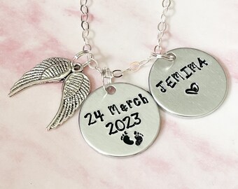 Hand Stamped Baby Memorial Necklace: Angel Wing Keepsake
