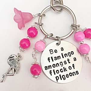 Be a Flamingo In A Flock Of Pigeons, Handbag Charms For Bag, Flamingo Gifts, Pink Bag Charm, Flamingo Charm, Hand Stamped, Beaded Bag Charm image 4