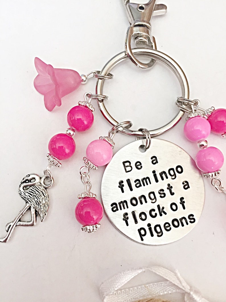 Be a Flamingo In A Flock Of Pigeons, Handbag Charms For Bag, Flamingo Gifts, Pink Bag Charm, Flamingo Charm, Hand Stamped, Beaded Bag Charm image 4