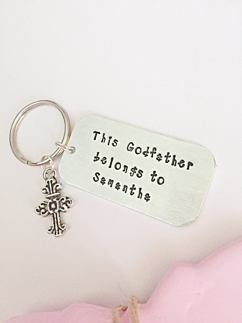 Godfather Gift For Godfather Keyring Christening Gift Hand Stamped Keychain Men Gift,Cross Keyring Godparent Gift, Personalized Keyring