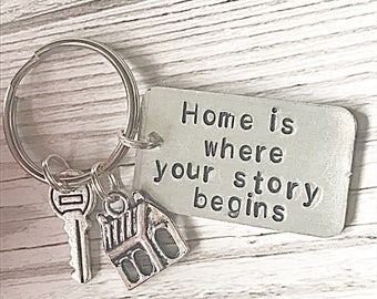 New Home Keyring, Home Is Where Your Story Begins, New Home Keychain, Hand Stamped Keyring, New Home Gift, Moving Home Gift