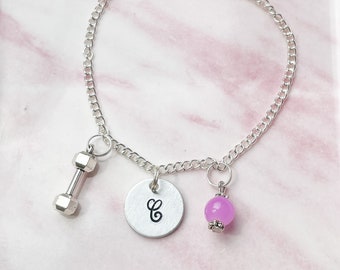 Dumbbell Bracelet, Exercise Jewelry, Initial Bracelet Silver, Charm Bracelet, Gym Bracelet, Personalised Gift For Her, Gift For Gym Girl