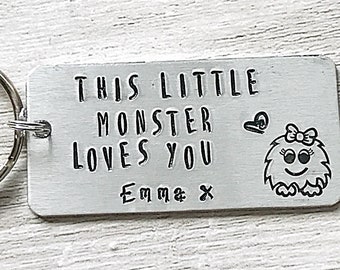 Personalized Little Monster Keychain: Hand Stamped Aluminum Keyring, Dad Gift