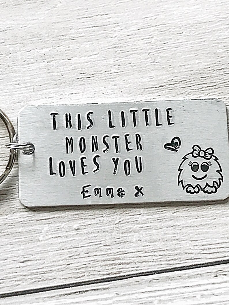 Little Monster Keychain Dad Gift, Hand Stamped Keyring Personalised Keyring, Fathers Day Gift From Daughter, Daughter To Father Gift, Daddy image 1