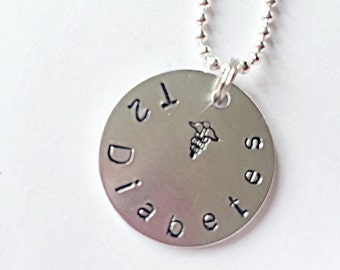 T2 Diabetes Necklace - Diabetic Necklace - Hand Stamped Necklace - Medical Alert Jewelry - Medical Symbol - Diabetics