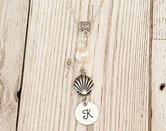 Silver Shell Necklace With Pearl And Charm, Pearl And Initial Necklace, Pearl Necklace, Boho Necklace, Gift For Her, Shell Pendant Necklace