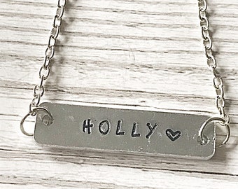 Name Bar Necklace Name Necklace, Horizontal Bar Necklace For Women, Nameplate Necklace, Hand Stamped Necklace, Name Jewelry, Custom Name