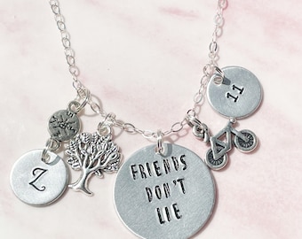 Hand Stamped Necklace Charms Initial Necklace Eleven Stranger Things Friends Dont Lie Tv Series Quote Necklace Gift For Her Monogram Gift