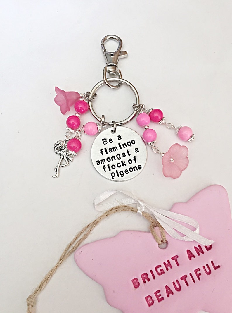 Be a Flamingo In A Flock Of Pigeons, Handbag Charms For Bag, Flamingo Gifts, Pink Bag Charm, Flamingo Charm, Hand Stamped, Beaded Bag Charm image 5