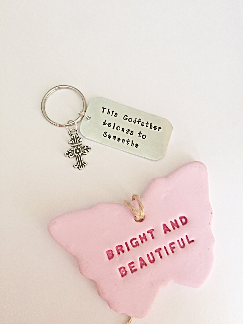Godfather Gift For Godfather Keyring Christening Gift Hand Stamped Keychain Men Gift,Cross Keyring Godparent Gift, Personalized Keyring