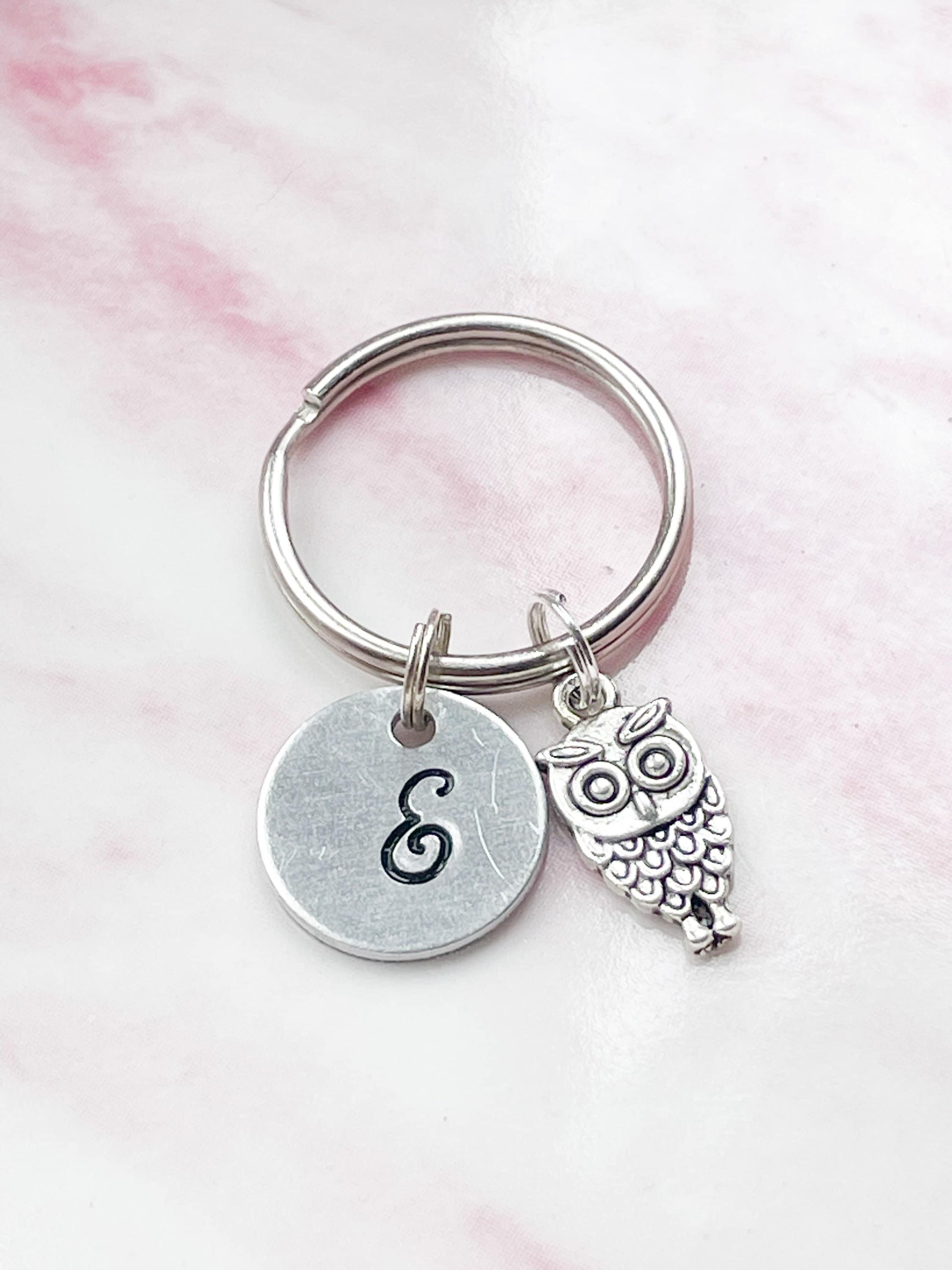 Owl Keyring: Personalized Initial Charm, Metal Bird Keychain