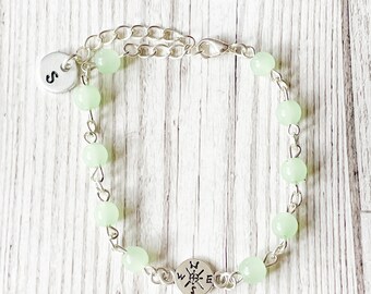 Compass Bracelet, Travel Bracelet For Woman, Travel Gifts For Her, Initial Bracelet Silver, Green Bead Bracelet, Personalised Bead Bracelet