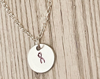 Breast Cancer Necklace, Pink Ribbon Charm, Cancer Survivor, Awareness Ribbon, Minimalist, Breast Cancer Gift, Hand Stamped Necklace For Her
