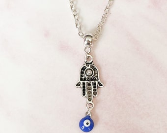 Hamsa Hand Necklace: Silver Plated Evil Eye Protection Pendant