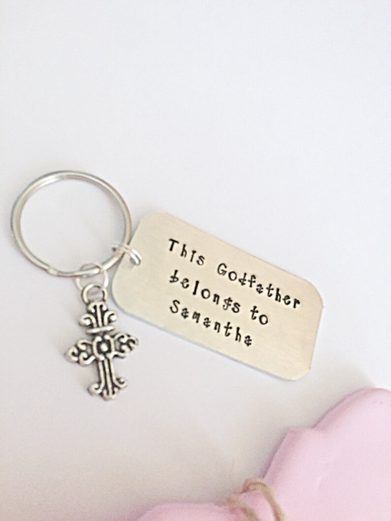 Godfather Gift For Godfather Keyring Christening Gift Hand Stamped Keychain Men Gift,Cross Keyring Godparent Gift, Personalized Keyring