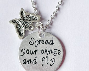 Butterfly Quote Necklace, Spread Your Wings And Fly, Handstamped Necklace, Positive Necklace, Positivity Gifts Friend, Encouragement Gift