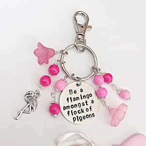 Be a Flamingo In A Flock Of Pigeons, Handbag Charms For Bag, Flamingo Gifts, Pink Bag Charm, Flamingo Charm, Hand Stamped, Beaded Bag Charm image 2