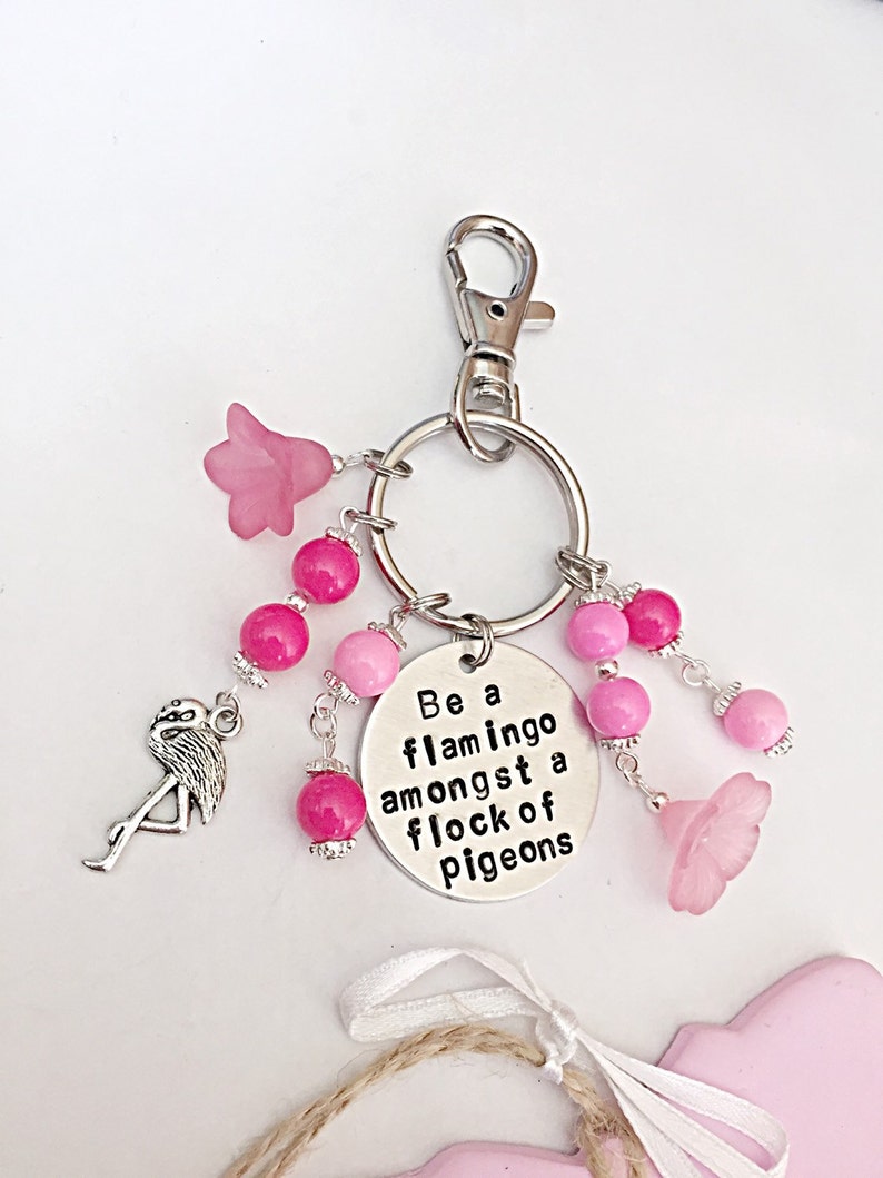 Be a Flamingo In A Flock Of Pigeons, Handbag Charms For Bag, Flamingo Gifts, Pink Bag Charm, Flamingo Charm, Hand Stamped, Beaded Bag Charm image 2