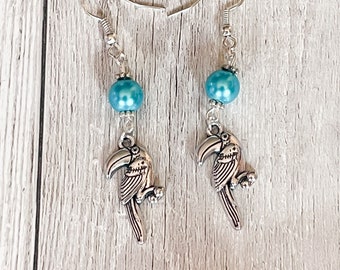 Toucan Earrings, Bird Earrings, Dangly Earrings, Silver Earrings, Tropical Earrings, Toucan Charm, Toucan Gifts, Handmade Earrings Blue