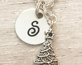 Christmas Tree Necklace For Girls Necklace, Christmas Necklace For Women Gift, Initial Necklace Charm, Monogram Necklace, Hand Stamped Gifts