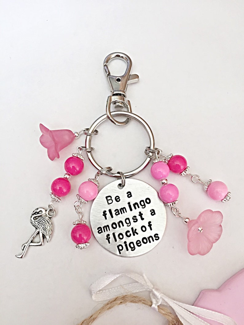 Be a Flamingo In A Flock Of Pigeons, Handbag Charms For Bag, Flamingo Gifts, Pink Bag Charm, Flamingo Charm, Hand Stamped, Beaded Bag Charm image 1