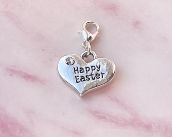 Happy Easter Heart Charm: Silver Plated Clip On Charm