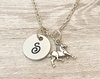 Horse Pendant Necklace Initial Necklace, Horse Necklace For Girl Gift, Monogram Necklace, Running Horse Charm, Initial Jewelry, Gift For Her