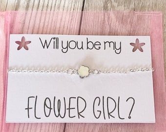 Flower Girl Proposal, Proposal Ideas, Flower Girl Bracelet, Initial Bracelet, Gift For Flower Girl, Silver Flower Bracelet, Ask Flower Girl