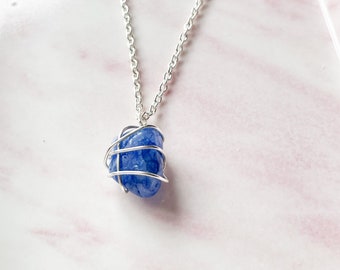 Blue Agate Necklace, Tumble Stone Necklace, Anxiety Necklace Women, Gemstone Necklace Wire Wrapped, Agate Pendant, Anxiety Gift For Friend