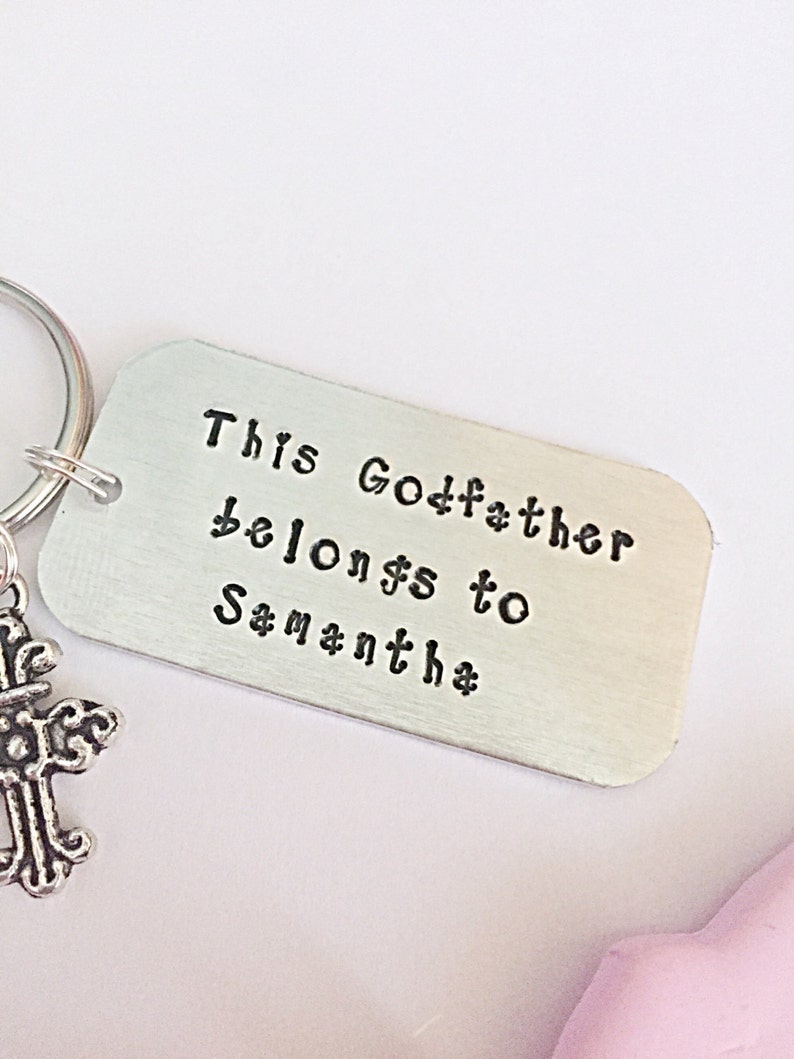 Godfather Gift For Godfather Keyring Christening Gift Hand Stamped Keychain Men Gift,Cross Keyring Godparent Gift, Personalized Keyring