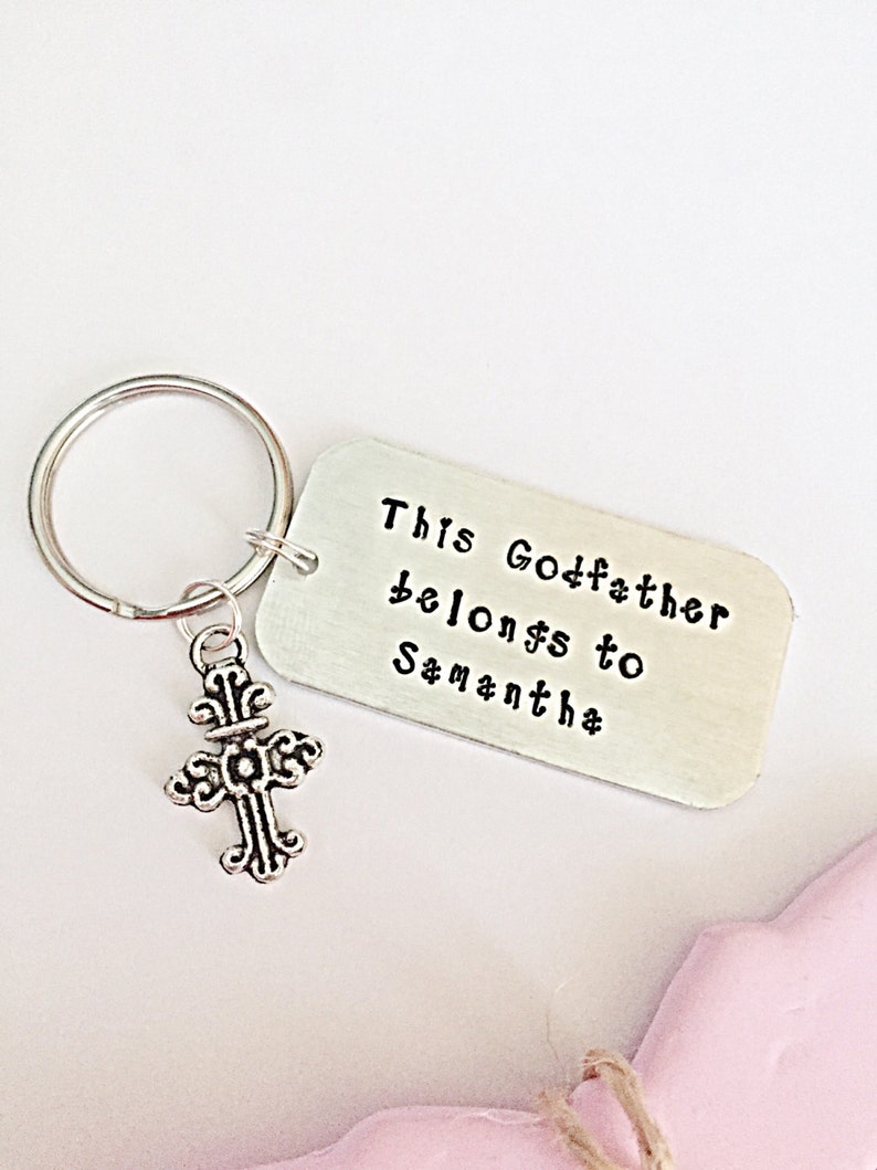 Godfather Gift For Godfather Keyring Christening Gift Hand Stamped Keychain Men Gift,Cross Keyring Godparent Gift, Personalized Keyring