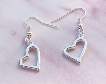 Sterling Silver Heart Dangle Earrings, Minimalist Jewelry