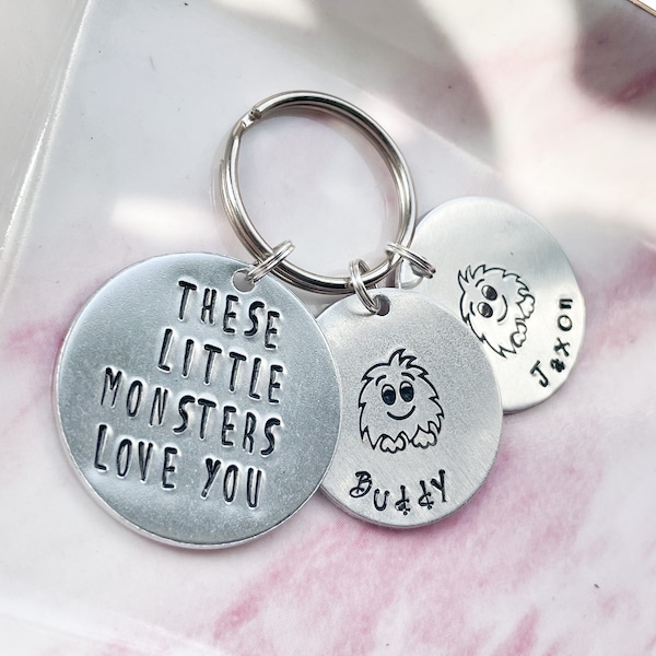 Little Monsters Keychain Dad Gift, Hand Stamped Keyring Personalised Keyring, Fathers Day Gift From Children, Mummy Keyring, Personalized