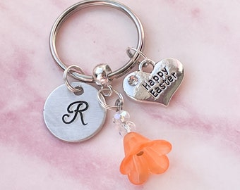 Personalised Easter Key Ring, Happy Easter Gift For Friend, Flower Charm Keyring, Initial Keyring, Monogram Keyring, Easter Gift For Women