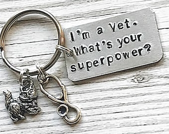 Veterinarian Keychain Charm, Whats Your Superpower, Hand Stamped Keychain Gift, Veterinarian Gift For Vet, Veterinary Gift, Vet Tech