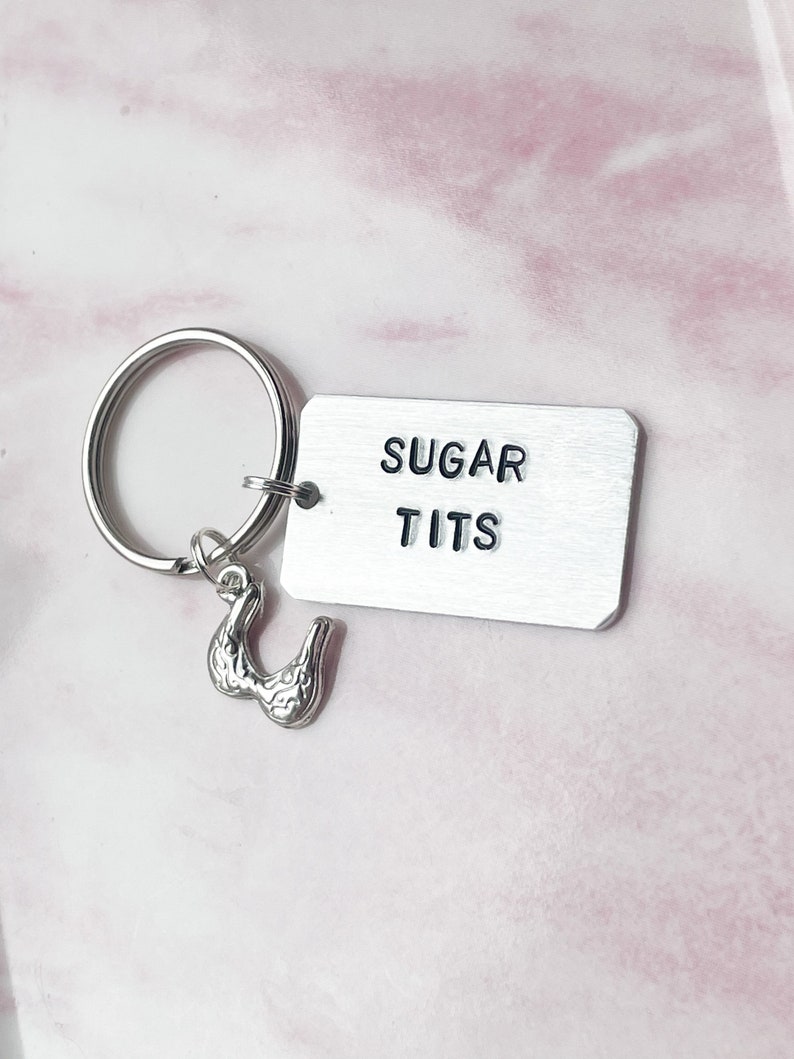 Sugar Tits Keyring Sugar Tits Keychain Funny Keyring Cheeky Keychain Hand Stamped Keyring Funny Gift Sweary Naughty image 2