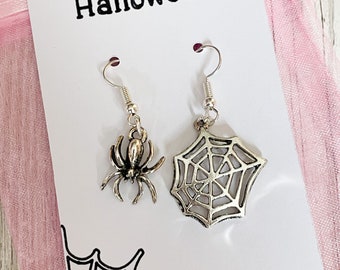 Cobweb Earrings Spider Dangle Earrings, Silver Earrings Handmade Earrings, Halloween Earrings, Odd Earrings, Mismatched Earrings Odd