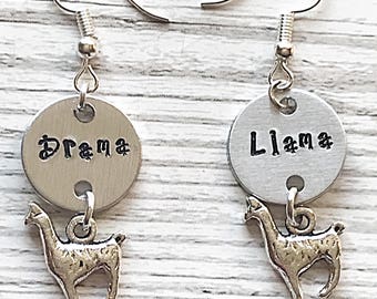 Drama Llama Earrings, Dangle Earrings Llama, Hand Stamped Jewelry Earrings, Silver Dangly Earrings For Women, Handstamped Earrings, Llama