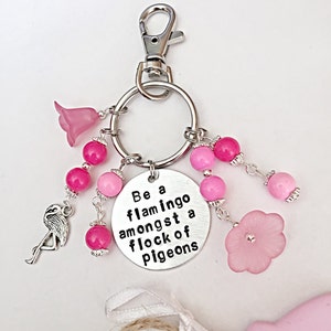 Be a Flamingo In A Flock Of Pigeons, Handbag Charms For Bag, Flamingo Gifts, Pink Bag Charm, Flamingo Charm, Hand Stamped, Beaded Bag Charm image 3