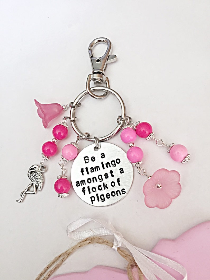 Be a Flamingo In A Flock Of Pigeons, Handbag Charms For Bag, Flamingo Gifts, Pink Bag Charm, Flamingo Charm, Hand Stamped, Beaded Bag Charm image 3