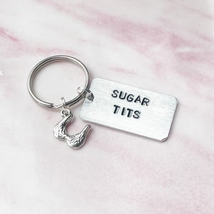 Sugar Tits Keyring Sugar Tits Keychain Funny Keyring Cheeky Keychain Hand Stamped Keyring Funny Gift Sweary Naughty image 1