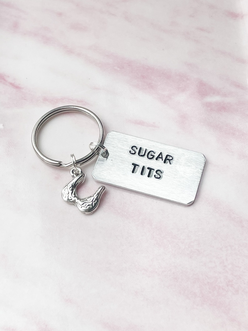 Sugar Tits Keyring Sugar Tits Keychain Funny Keyring Cheeky Keychain Hand Stamped Keyring Funny Gift Sweary Naughty image 1