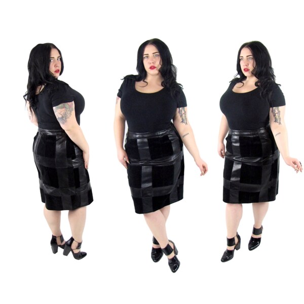 Plus Size Skirt / Vintage 1990's Leather Patchwork Pencil Skirt / Size XL / Vintage Skirt