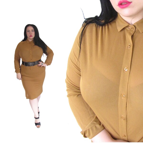 Plus Size Dress l Vintage 1970's Mustard Shirt Dress l Size XL l Vintage Dress